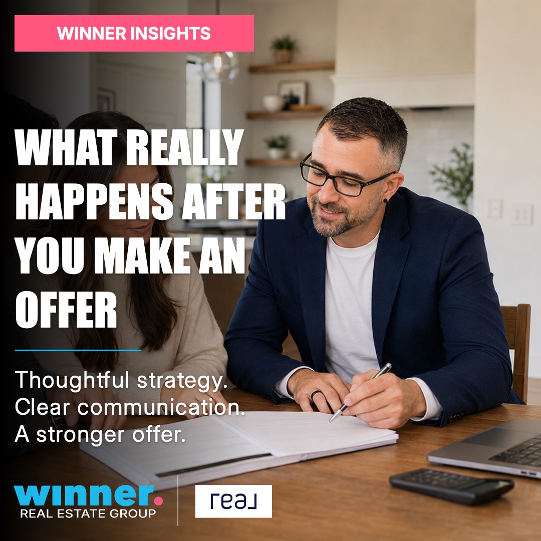 Zac Winner reviews a home purchase offer with buyers at a kitchen table. Featured image for “What Really Happens After You Make an Offer.”